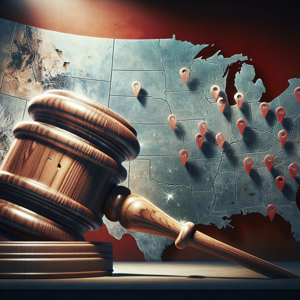 An eye-catching image visualization of the title 'Gun Violence Incidents: Must-Have Federal Legislation to Combat the Crisis'. The background is a vast map of the United States with marked hotspots to indicate high-incident areas. In the foreground, a large worn-out wooden gavel, symbolizing legislation, is in the act of striking down. The color palette is a blend of dull red representing the violence issue and serious greys and blues representing the legislative power. A strong light source illuminates the wooden gavel marking the need for immediate action.
