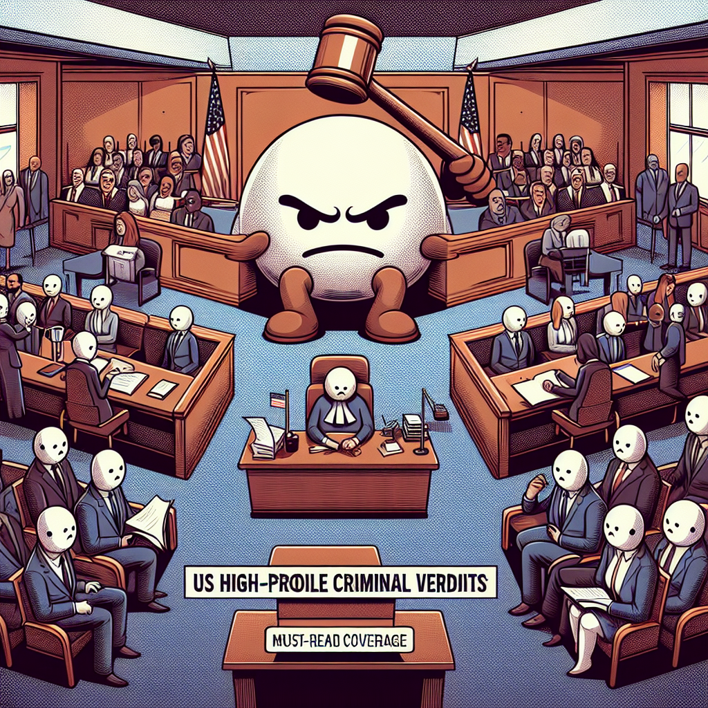 An illustrative image of a scene related to criminal legal proceedings in the United States, without specific real individuals. Visual representation of a courtroom with a jury box filled with diverse figures, a judge's bench, a witness stand, and lawyers' tables. There is a large, grumpy-looking cartoon gavel hovering in the air. The room is filled with tension but no one specific is identifiable. Text overlays read 'US High-Profile Criminal Verdicts: Must-Read Coverage'.