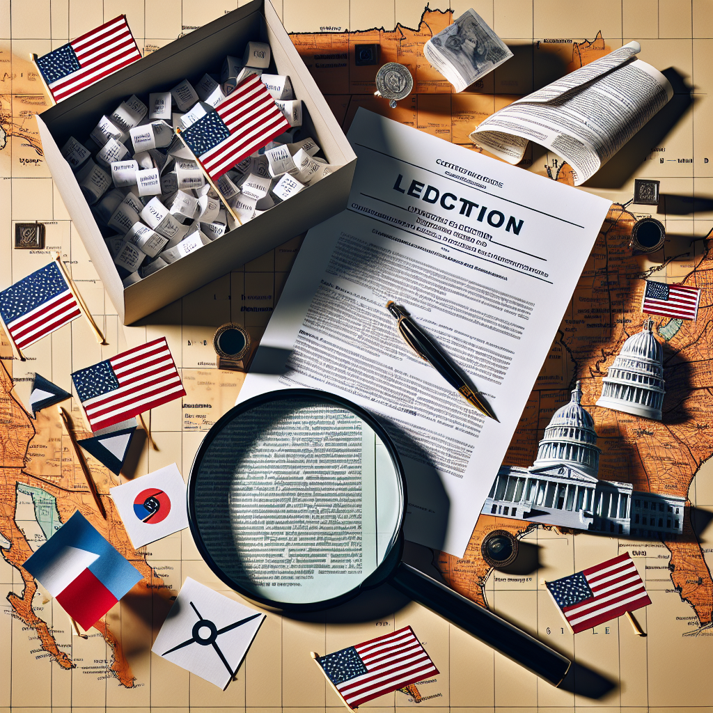 Visual interpretation of an article focused on the aftermath of a generic democratic election with an emphasis on voting law updates. The image should contain a symbolic mix of elements such as: ballots in a ballot box, legislative documents symbolizing voting laws, and a geographical map of an anonymous country symbolizing the elections. Additional details can include a magnifying glass examining the documents, underlying the importance of continuous scrutinizing and updates to the legislature. It should not include any specific national flags, politicians or identifiable landmarks. The composition should evoke a serious and analytical mood.