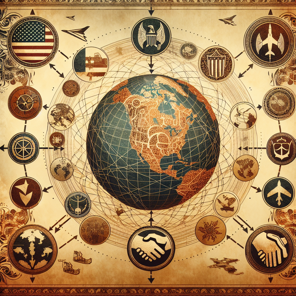 An abstract representation of global security partnerships under the lens of military aid strategy. In the center of the image is an intricate globe with various continental shapes intricately detailed. Superimposed on the globe are symbolic icons representing defense and aid: a shield, an olive branch, a hand in a handshake gesture. These are linked together by dotted lines suggesting a network of relationships. Arrows point outward from the United States, reaching various parts of the globe, symbolizing military aid. All displayed in an antique map style, with warm, earthy colors.