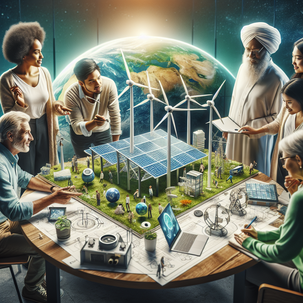 Visualize a scene where a diverse group of people are gathered around a table adorned with blueprints, models, and devices linked to clean energy. A middle-aged Black woman points towards a solar panel model, explaining its benefits. A Middle-Eastern man is captivated by a wind turbine model, envisioning its potentials. An elderly Hispanic man takes notes on his laptop about geothermal energy. A young South Asian woman explains the science behind hydroelectric power. The background is a clean, green, thriving planet Earth, symbolizing the positive impact of these renewable energy solutions on climate change.