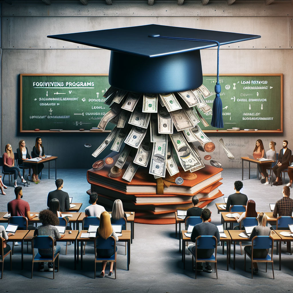 An educational tableau, showing a seamless blend of traditional classroom elements and modern financial symbols. Visual depiction of a diverse group of students of various ages, genders, and descents such as Hispanic, Caucasian, Black, Middle-Eastern, and South Asian, sitting in a classroom with focus, while above them looms a giant graduation cap. From beneath the cap, instead of a tassel, a cascade of coins and paper currency rains down, symbolizing student loan forgiveness. In the background, a chalkboard displays key terms like 'forgiveness programs', and 'loan repayment'.