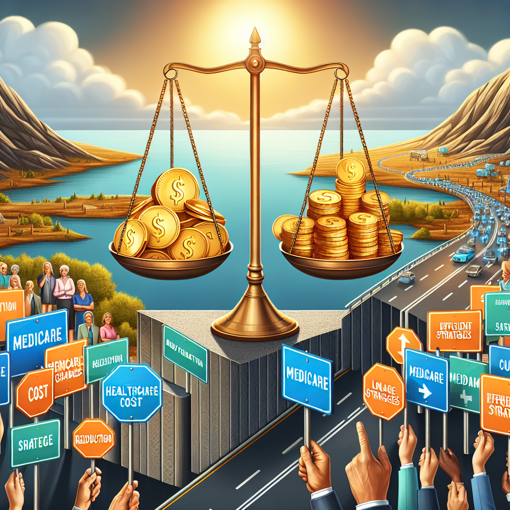 A detailed image illustrating the concept of medicare changes and strategies to lower healthcare costs. Picture a balanced scale with golden coins on one side and a symbolic medicare symbol on the other, both equal in weight. Include a highway cutting through a terrain showing some road signs with phrases such as 'Cost Reduction', 'Efficient Strategies', 'Medicare Changes'. A diverse group of people of various descents and genders looking at the signs and making decisions. Include a sunset in the background symbolizing optimism.