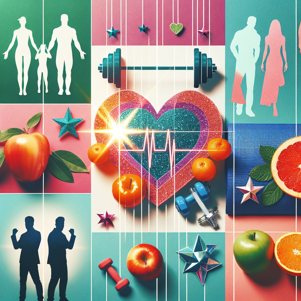 A collage featuring symbols pertaining to health and wellness such as a glowing heart, perfectly ripe fruit, a barbell, and a yoga mat. In front of these items are silhouettes of individuals which represent the concept of celebrity - they could be at a film premiere, a music award show, or a fashion runway event. Text overlay reads, 'Health Updates: Must-Have Discoveries & Successes'. The colors of the collage are bright and appealing, encouraging the viewer to engage with the content.