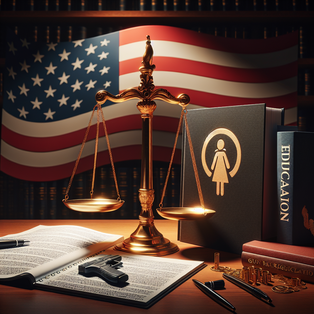 An image of the golden scales of justice placed on a wooden table, alongside a notepad filled with complex legal annotations. In the background, a stylized semi-abstract representation of the American flag gently wavering. Three books are positioned[ around the scales: one represents healthcare with a symbol of a pregnant female silhouette, the second is about gun regulations featuring a gun icon, and the third talks about education, implied by a graduation cap on the cover. Lighting is soft and indirect, creating a solemn and serious atmosphere.