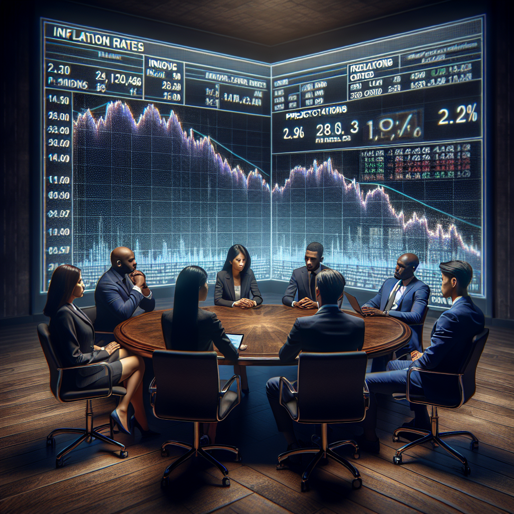 An image depicting a financial setting with diverse group of experts discussing inflation rates. In the center of the room is a large round wooden table, the experts, an African American woman and East Asian man, are seated, both dressed in business attire. They are looking at and discussing projections highlighted on a digital screen showing fluctuating interest rates correlated to a positive inflation outlook. The room's walls are filled with financial charts and graphs. The atmosphere is serious but also anticipatory, reflecting the focus on the important imminent decision.