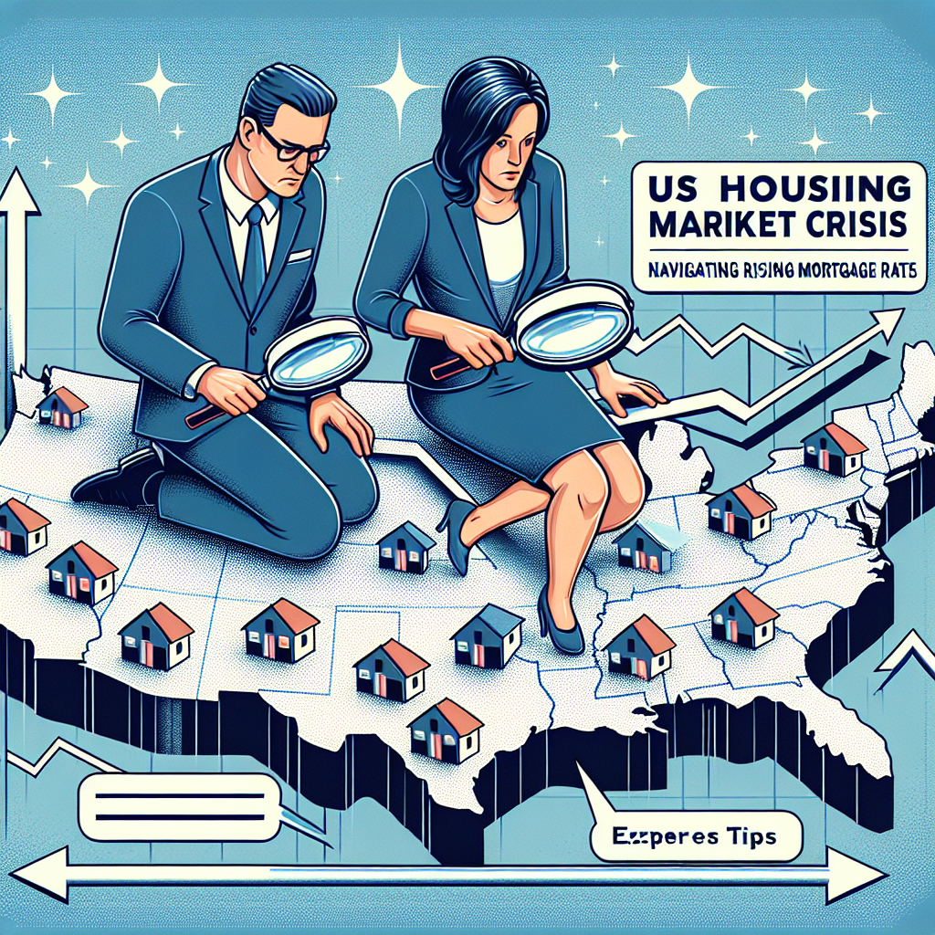 An illustration reflecting the American housing market crisis. Portray a Caucasian man and a Hispanic woman, both dressed in professional attire, working together on a large, spread-out map of the United States, each holding a magnifying glass. The map is dotted with small house symbols, surrounded by rising arrows signifying increasing mortgage rates. They are analyzing and discussing strategies, symbolizing expert tips to navigate the crisis. An overlay text at the top of the image reads, 'US Housing Market Crisis: Navigating Rising Mortgage Rates.'
