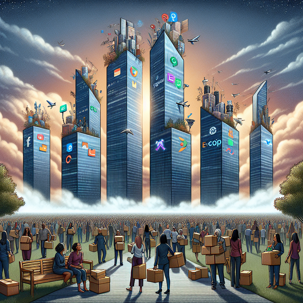Depict a scene illustrating the concept of massive layoffs in the corporate world. Illustrate four towering skyscrapers under a cloudy sky, each emblazoned with abstract symbols representing online search, e-commerce, virtual reality, and electric vehicles. At the base of these buildings, show a multitude of diverse people of various descents and genders carrying boxes of belongings, expressing a mix of emotions, including shock, sadness, and disbelief. Include a newspaper on a nearby bench with the headline reading 'Shocking Mass Layoffs Unveiled.' Remember to keep all corporate logos and identities abstract and unidentifiable.