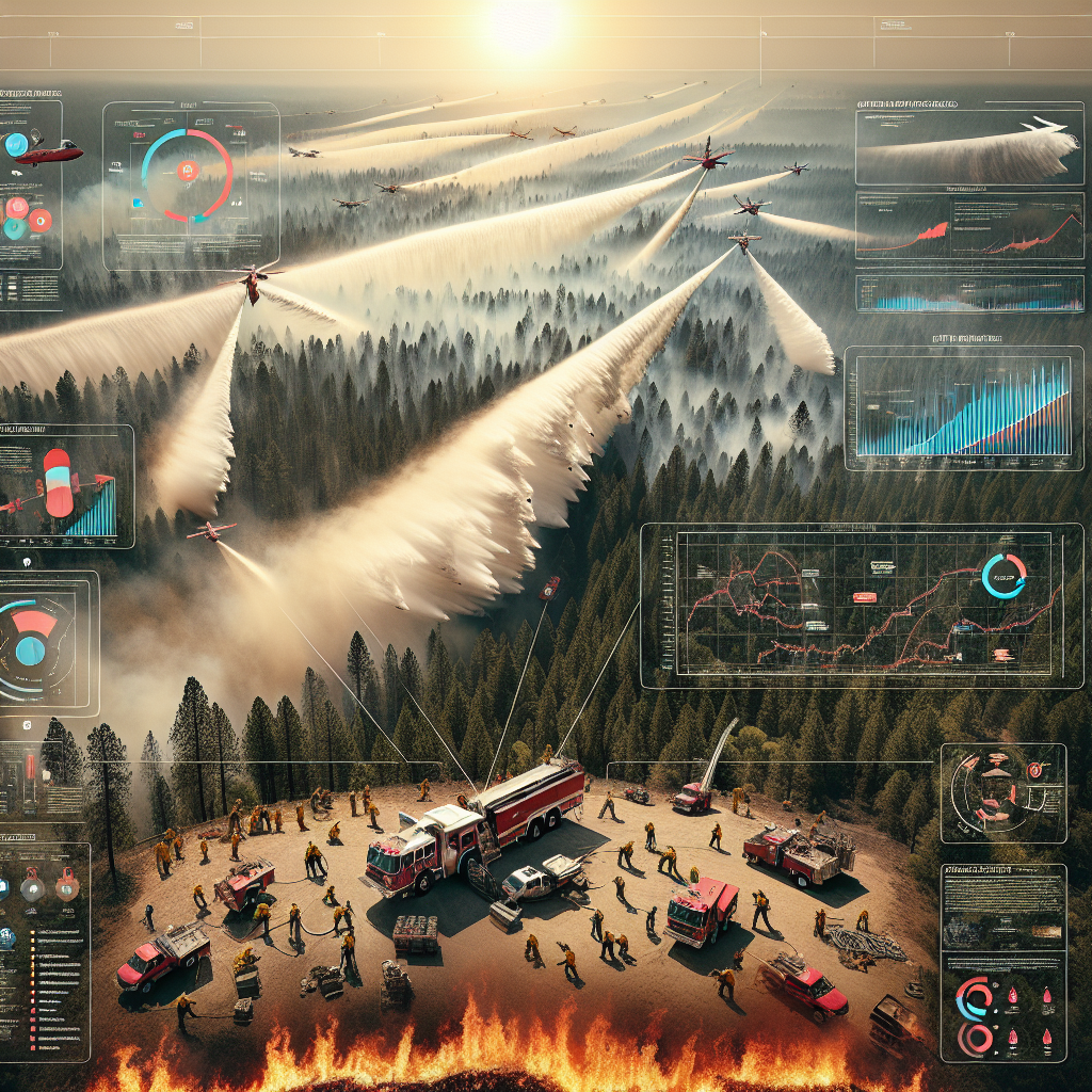 Picture this: a sprawling overview of a forest with areas marked by wildfires under a sweltering, hazy sun. Below, professionals of diverse descents and genders are working tirelessly, deploying various firefighting tactics. Some are operating large, bright red firefighting aircrafts dispensing an enormous stream of water, others are on the ground skillfully combating the flames with advanced equipment. Overlaid on this intense spectacle are crisp, infographic elements—charting heat graphs, emergency routes, and strategic points, signifying the best strategies to combat extreme heatwaves in the context of a wildfire emergency.
