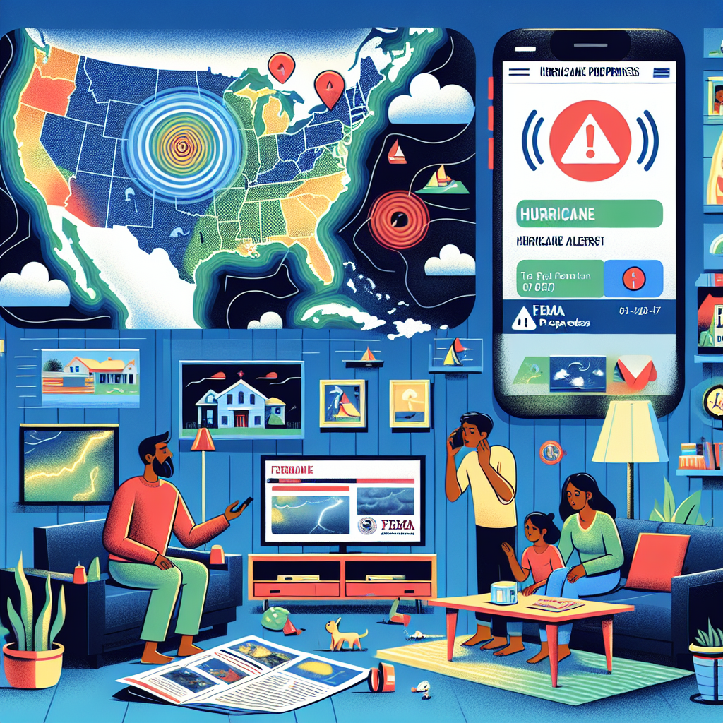 A visually striking image displaying various elements of hurricane preparedness. In one corner of the image, a map of the US with some areas highlighted to represent hurricane prone regions. Beside the map, a cell phone displaying a push notification from FEMA indicating a hurricane alert. Towards the center, a family of South Asian descent, including a father, mother, and two children, are discussing in their living room with a FEMA preparedness guide at the table and weather forecast on a television, displaying storm clouds and rain. Background color is calming but informative blue.