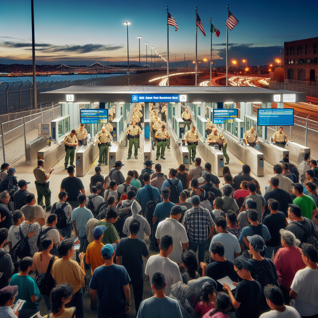 An evening scene at a busy, modern U.S. border checkpoint. Staffed by a diversity of immigration officers, both male and female, across different descents such as Caucasian, South Asian, and Hispanic. They are attentively processing the entry of individuals and families who emanate a mixture of hope and nervousness. Various signage prominently displays updated rules and procedures. Beyond the checkpoint, a beautiful cityscape sets a hopeful tone, while a robust security system including surveillance cameras and fencing visibly fortifies the borderline.