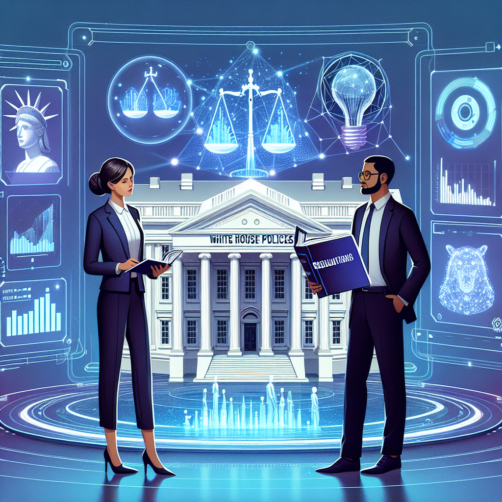 An illustrated scene depicting the concept of navigating AI regulation. Picture a Caucasian female adjudicator and a South Asian male scientist in a futuristic setting with a massive holographic representation of a white building representing 'White House policies'. The adjudicator, holding a thick binder titled 'Regulations', is engaged in an insightful conversation with the scientist. They stand in front of an AI-powered dashboard featuring analytics, charts, and graphs related to AI. Scattered across are various symbols of law, such as scales of justice, gavels, and legal codes illuminated in neat holographic displays.