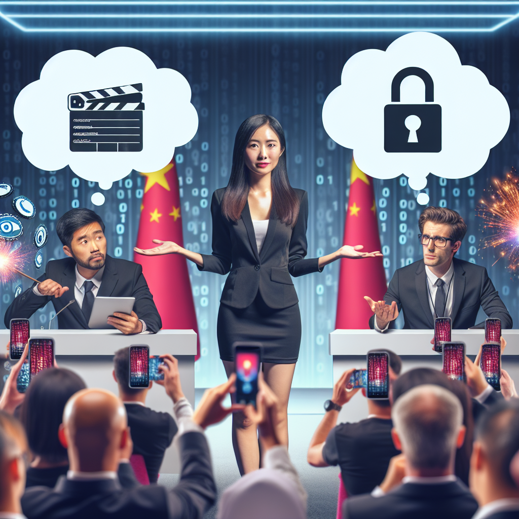 Picture a lively debate happening in a tech conference. On one side of the stage, a female Middle-Eastern representative is defending the use of a popular short-video app, symbolic of technology from China. She is holding a phone showcasing the app, trying to express the value it brings. On the other side, a Caucasian male representative, symbolic of US tech industry, is expressing concern over its implications on data privacy. Their opinions are visually represented by thought bubbles showing symbols: a clapperboard and fireworks for the app's creative potential, vs a lock and binary code for cybersecurity concerns.