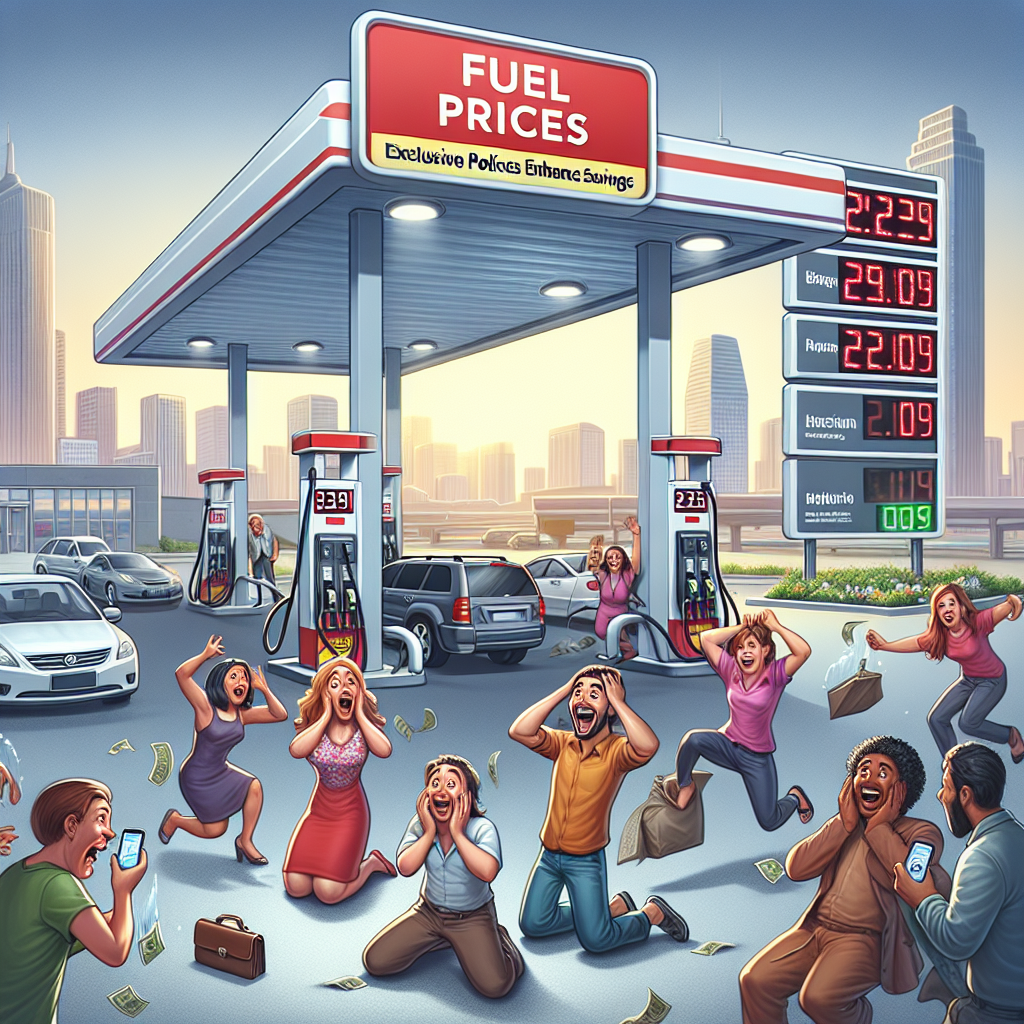 A scene showcasing a gas station with a large, prominently displayed sign showing dropping fuel prices. Around the station, consumers of various descents and genders appear excited and surprised by the significant change, some checking their wallets, others smiling broadly. In the background, a modern city skyline suggests a thriving economy. Overhead, a billboard proclaims 'Exclusive Policies Enhance Savings', indicating the cause of the plummeting prices. The scene is imbued with shock, relief, and optimism, symbolizing the relief brought about by the reduced gas prices.