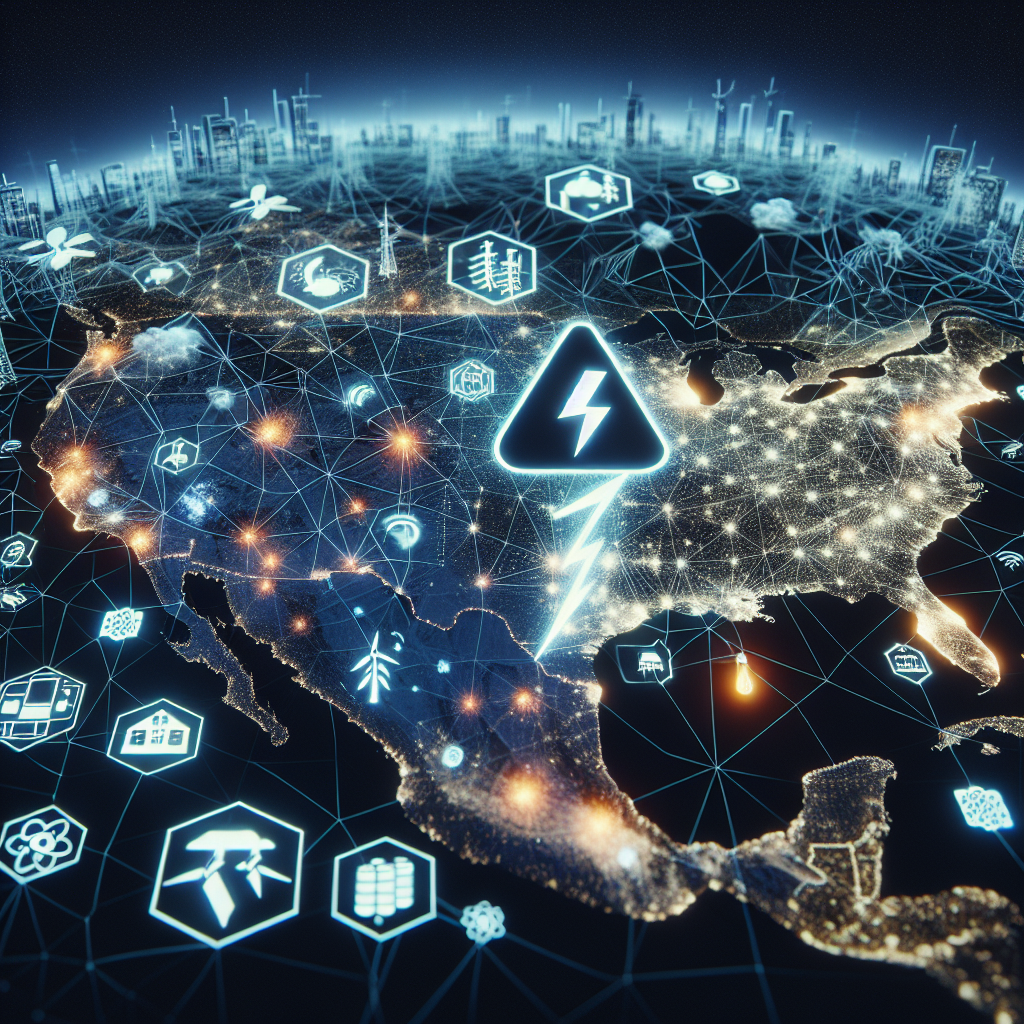 Visualize the concept of a power grid failure. Show a vast map of a country covered with glowing interconnected lines representing the power grid. Then illustrate the danger by showing a part of the grid darkening, indicating a power failure. To depict mitigation efforts, include diagrams or symbols of renewable energy like wind turbines and solar panels, along with emergency power solutions like generators placed strategically across the map. Ensure that this is a cautionary, informative, and non-threatening depiction.