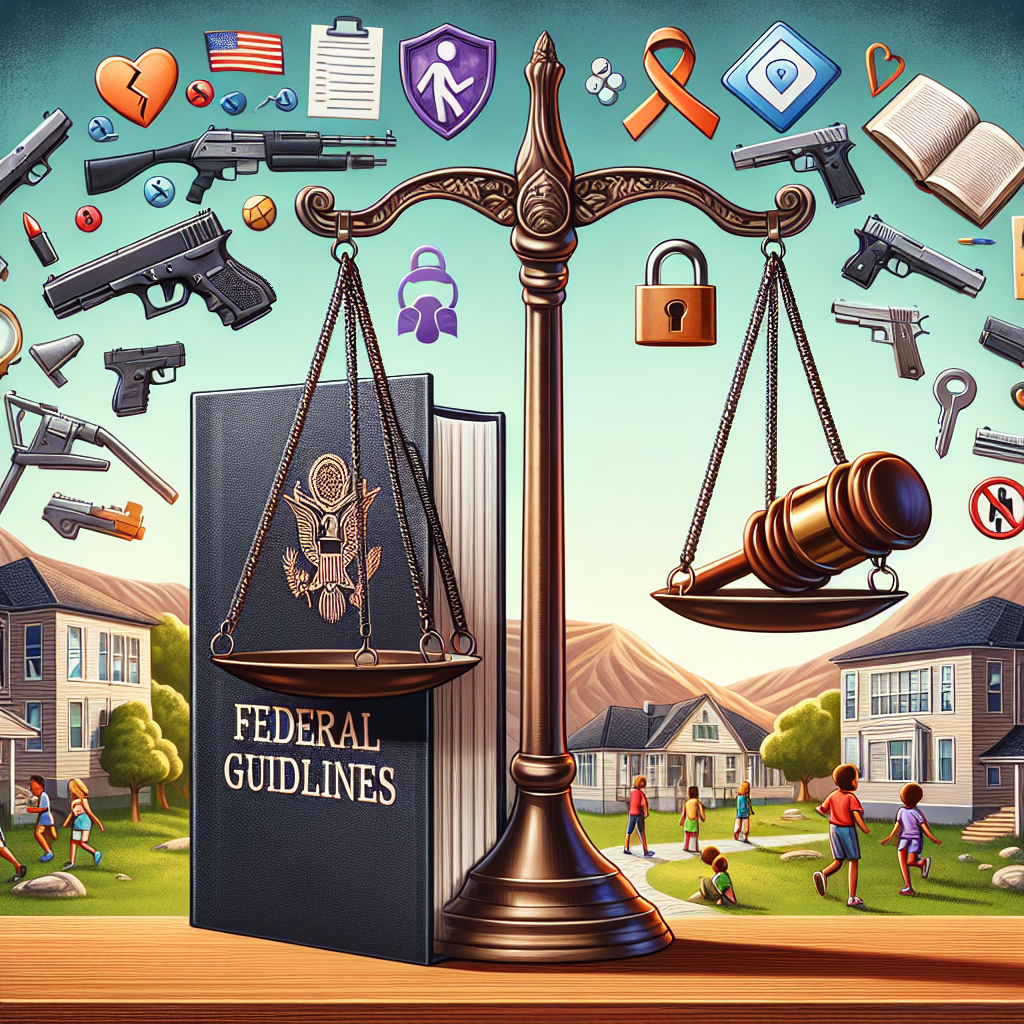 An illustrative image of a balanced scale resting on a book titled 'Federal Guidelines', with one side of the scale carrying a handgun and the other side holding a set of laws represented by a gavel. Surrounding the scale are various elements symbolizing proactive measures like community outreach symbols, mental health awareness ribbons, and safety lock icons, all set against a backdrop of a peaceful community with children playing safely in a park.