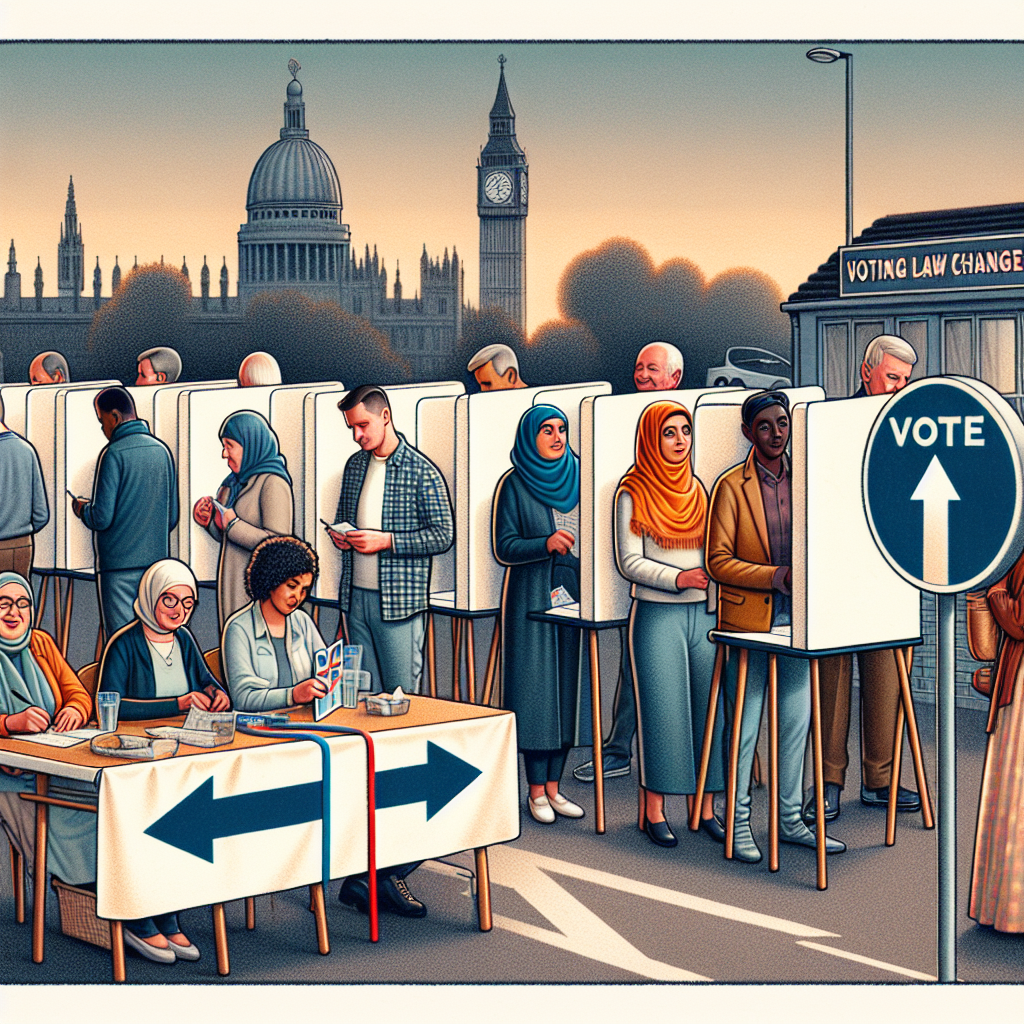 A large illustrative image depicting a scene at a bustling polling station. Several people of different ages, ethnic backgrounds, and genders are lining up to vote. Some are casting their votes in booths, while others are waiting patiently in line. There's also one person helping out, a Middle-Eastern woman running the polling station, providing guidance to first time voters. In the background, a banner displays the words 'Voting Law Changes'. Displaying the aftermath, is a split road sign next to the polling station, symbolizing a possible change in the direction of the country's future.