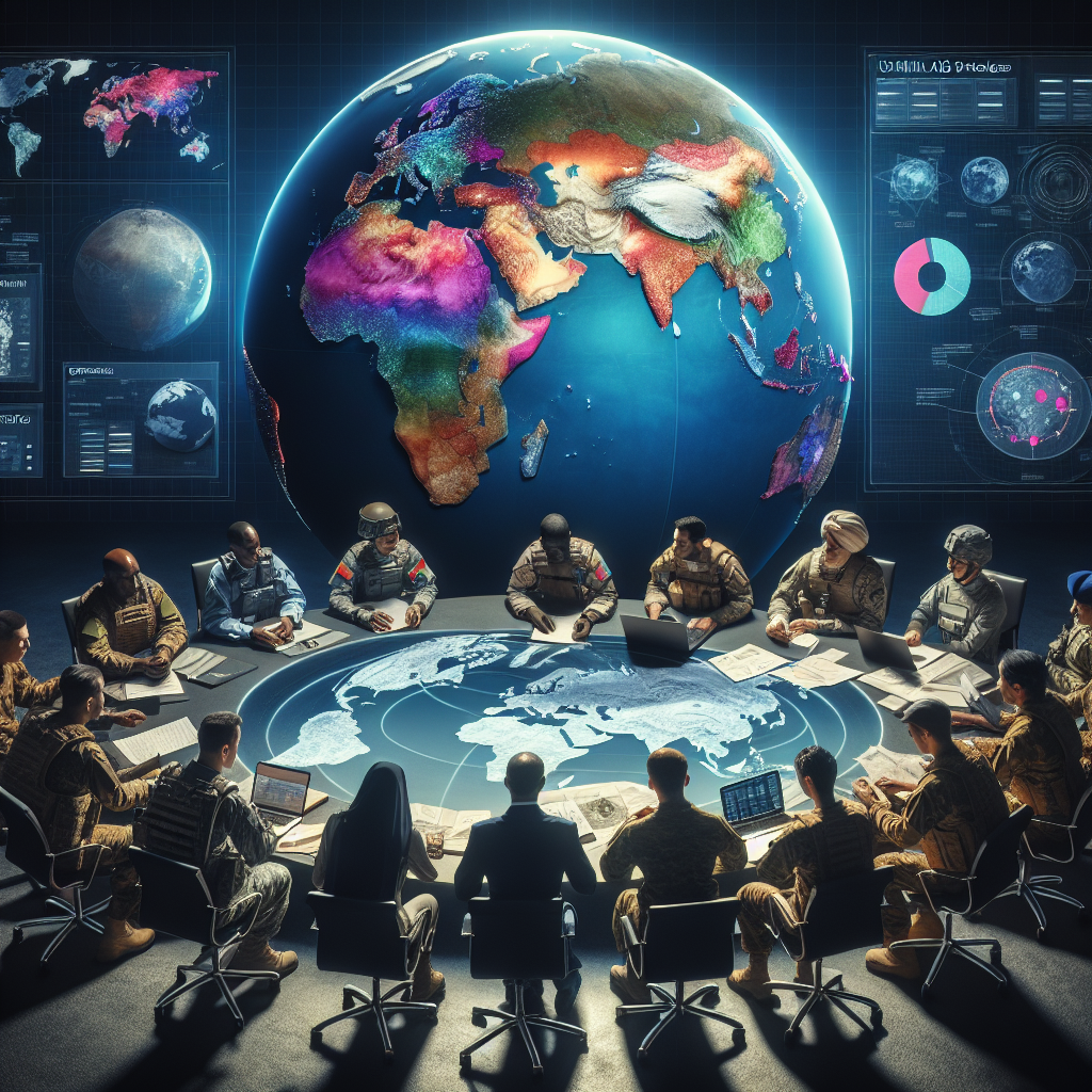 An image depicting the concept of global security. In the foreground, there is a large globe with color-coded continents representing differing levels of security situations. A group of various military specialists of different genders and descents such as Caucasian, Hispanic, Black, Middle-Eastern, South Asian are actively engaged in a strategic session around a table. At the table, there are documents labeled 'US Military Aid Strategies'. They are discussing plans, geographic locations are being marked, and resource management is being considered. A sense of urgency and cooperative effort fills the atmosphere.
