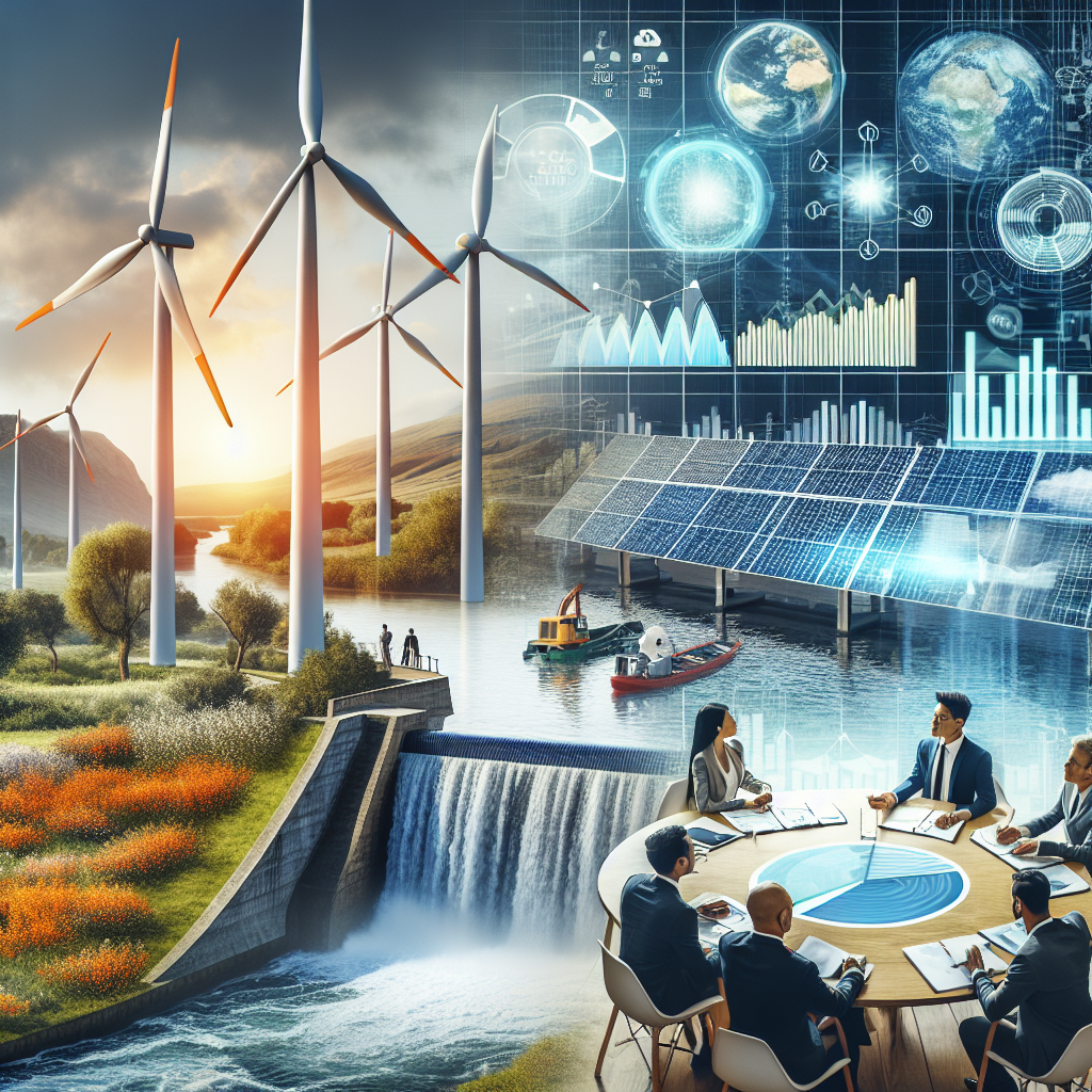 Visualize an image representing clean energy investments. A powerful scene with towering wind turbines, radiant solar panels and a flowing river harnessing hydroelectric power in the countryside. Additionally, include a group of people conducting a meeting (an Asian woman, a Hispanic man, a Black woman, and a Caucasian man) around a table with figures and graphs of climate change data. Finally, in the background, show a symbolic image of a government building, indicating legislational effectiveness.