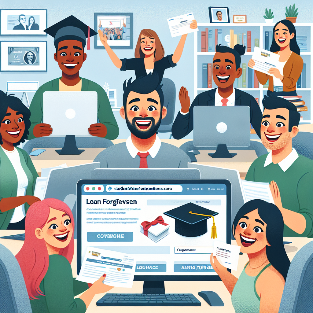 An image depicting a diverse group of people, each person with a sense of relief and happiness. Visualize a Caucasian male and an Asian female, sitting at their computers with loan provider websites opened. There's also a Hispanic female holding a letter of approval for loan forgiveness. In the forefront, a Middle-Eastern male excitedly shares the news on a public forum discussion about the student loan forgiveness programs. The backdrop consists of casual home office settings with indications of successful academic achievements like graduation caps and diplomas.