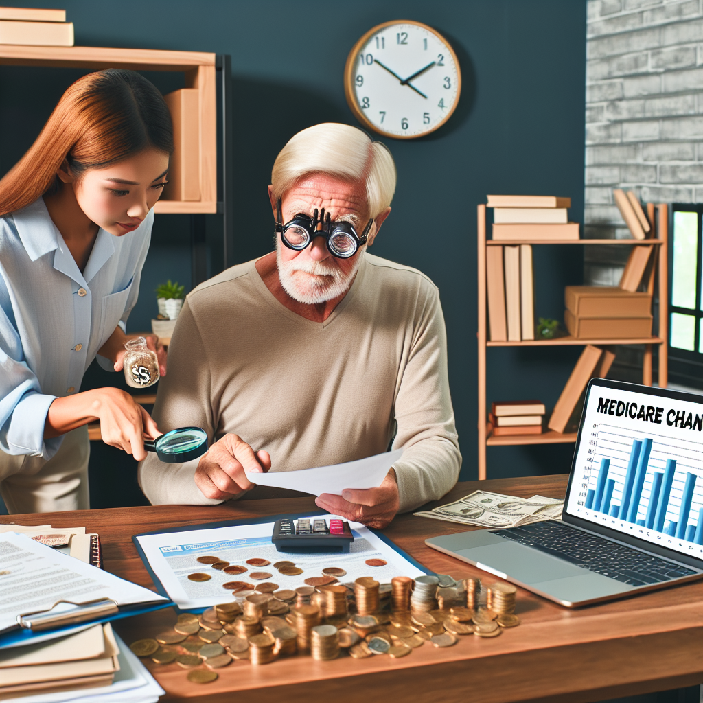 A scene situated in a home office where an elderly Caucasian man is seated at a wooden desk, reading documents labeled 'Medicare Changes' with a magnifying glass. There are several coins scattered across the desk, symbolizing healthcare costs. He is using a calculator, run by an Asian woman standing beside him, sharing in a conversation about reducing expenditure. The room is filled with books about healthcare and finance. A laptop displaying a bar graph showing healthcare cost reduction is open on the desk. On the wall, there's a clock emphasizing the concept of time, indicating the importance of keeping up with changes.