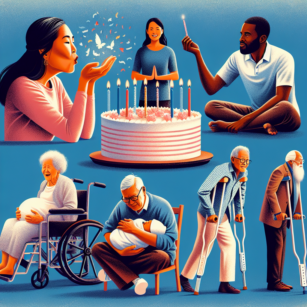 Create an image showcasing milestones in life and health. Depict a diverse assortment of everyday people, not celebrities. Show a woman of Asian descent blowing out candles on a birthday cake to represent advancing age; a Black man doing yoga for stress management; a Hispanic woman giving birth, representing new life; and a Middle Eastern man crutches, signifying recovery from an injury. The style should be modern realism.