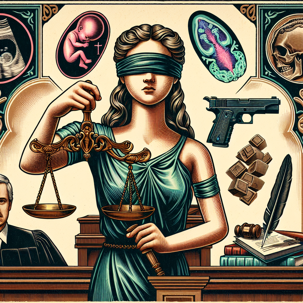 A vintage courtroom scene containing important symbols. In the center, a Femida or Lady Justice figure with Caucasian descent holding a balance signifying fairness, her eyes blindfolded to represent equal justice. Encircle her, three illustrated symbolical items: a human embryo highlighted within an ultrasound image, a colored sketch of a handgun showing both danger and protection aspects, and a pile of textbooks adjacent to a feather quill signing a loan agreement. In the far background, a Middle-Eastern descent judge looking presiding over the proceeding.