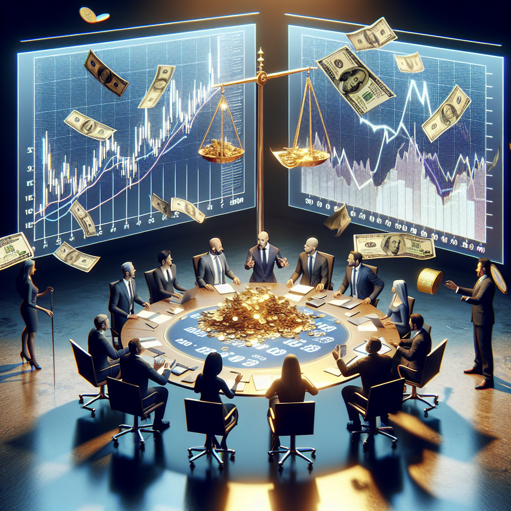Imagine an image for a financial article: A group of people from various descents like Caucasian, Hispanic, and South Asian are animatedly discussing on a round table. They are examining a large screen that displays charts and graphs related to the Federal Reserve interest rates. Paper bills of different currencies float in the background, representing the global impact of these decisions. In the foreground, a large scale balances gold bars and falling coins, symbolizing inflation. The setting is bathed in the soft glow of indoor room lights, giving it a professional ambiance.
