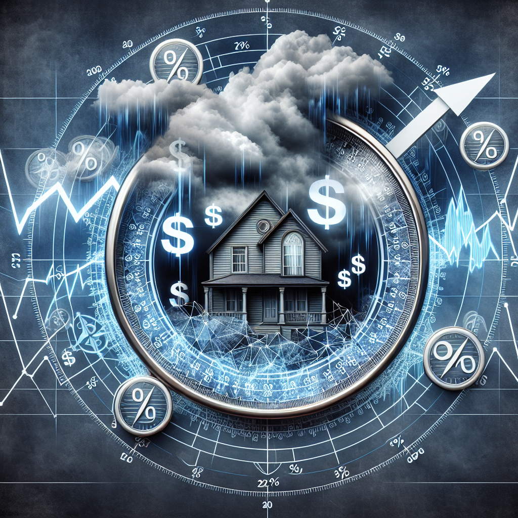 An intricate web of financial symbols, like dollar signs and percentages, circling a representative image of a American-style house under stormy clouds. This motif is all against a backdrop of an increasing line graph, symbolizing rising mortgage rates. A navigational compass in the lower corner of the image indicates the idea of navigation strategies. The overall tone of the image should convey a sense of urgency but also maneuverability.