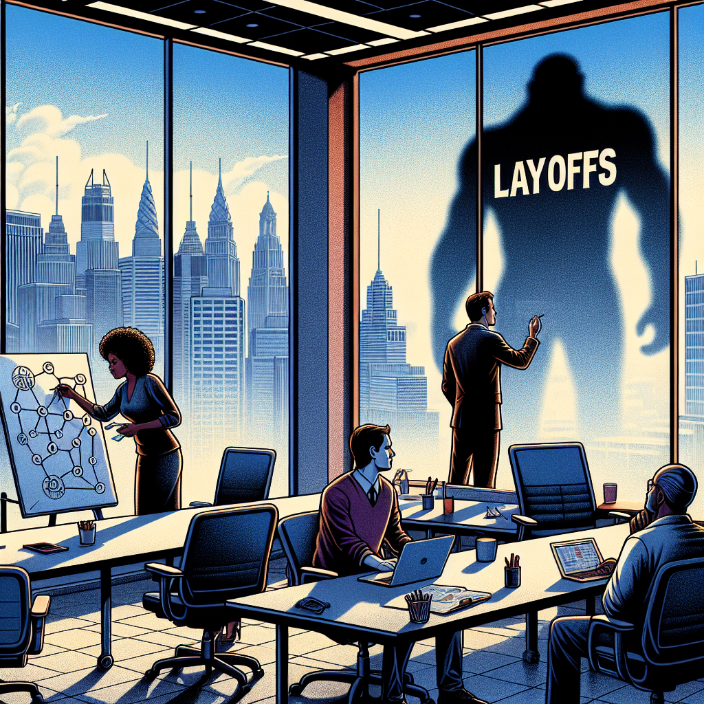 An illustration that strongly and symbolically depicts the concept of 'Tech Giants Hit by Mass Layoffs: Best Strategies for Survival'. The scene is of the interior of a large office, with empty desks and chairs. Near the window, two diverse computer professionals - a Black woman and a Middle-Eastern man - are formulating strategies on a whiteboard amidst the layoff storm. The woman should be drawing out a network diagram and the man should be writing out strategic steps. Outside the window, visible through the glass, a large shadow takes the form of a giant technology symbol representing the 'tech giant' looming over the cityscape. Please ensure all depictions are respectful and sensitive to the theme.