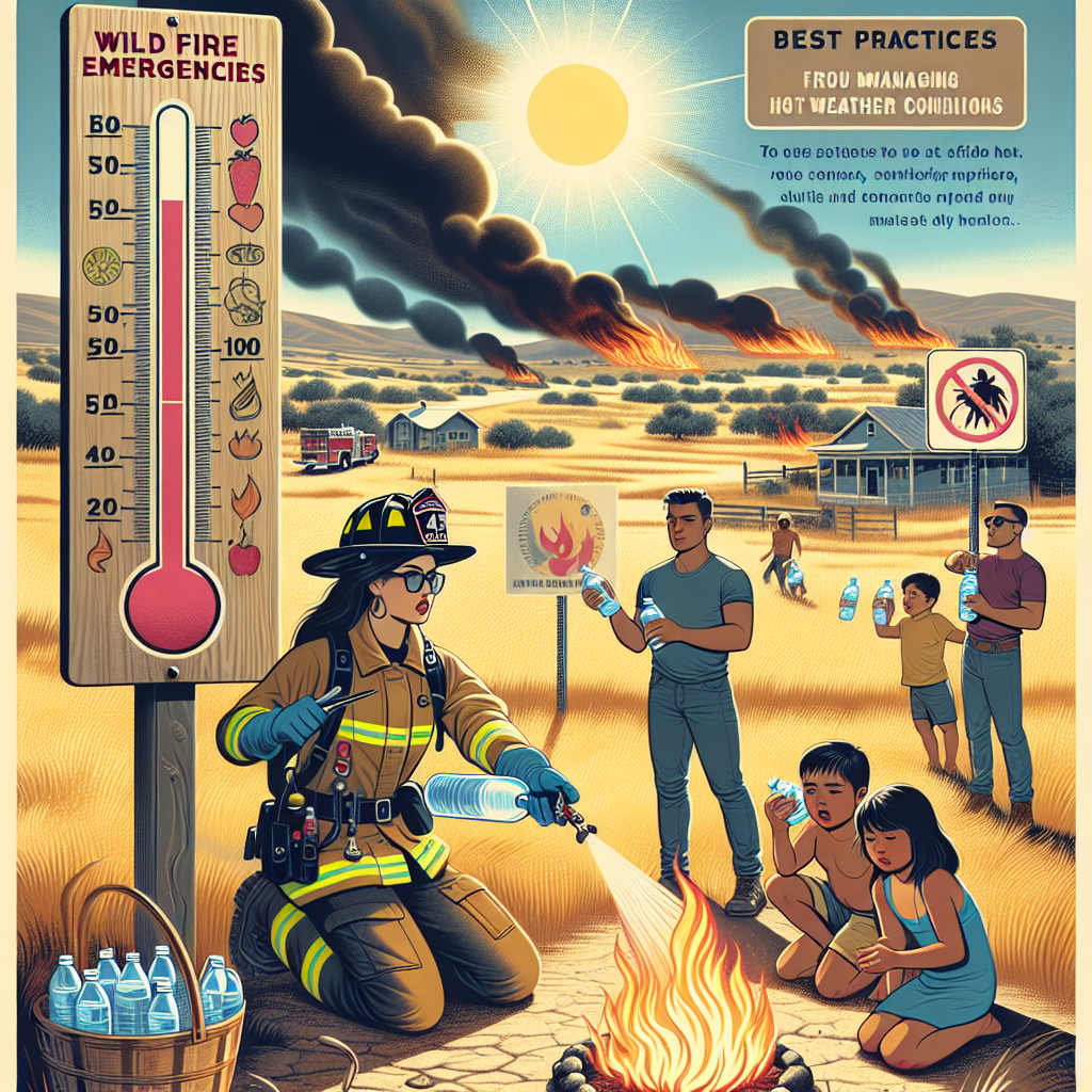 A cautionary and informative poster about wildfire emergencies during extreme heatwaves. It should illustrate best practices for managing hot weather conditions. The image sets in a rural area during a sweltering summer day with dry grassland, the sun shining brightly in a clear sky and the mercury soaring in a nearby wooden temperature gauge. A South Asian female firefighter, in full gear, is demonstrating the use of a fire extinguisher on a controlled flame. Nearby, a Caucasian male is sharing bottles of water to a group of Hispanic children. There are signs with symbols denoting various safety measures scattered around.