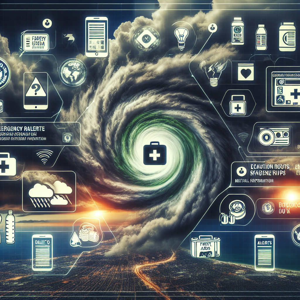Create a detailed image presenting the context of hurricane season. Display a dark, ominous sky with swirling storm clouds signaling the approach of a hurricane. Overlay this with multiple layered graphics representing emergency preparedness. These graphics may include symbols of a first aid kit, a battery-powered radio, canned food, and bottled water. Include digital alerts from FEMA, represented by smartphone and laptop screens displaying emergency updates, evacuation routes, and important safety tips. The image should capture the essence of urgency, preparation, and critical information distribution.