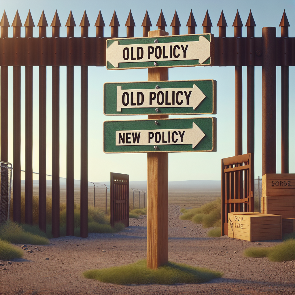 Create an imagery depicting a figurative representation of US immigration policy changes. Show a fortified border fence symbolizing 'strengthened border security'. Near the fence, place a signpost featuring two directional arrows. Label one arrow 'Old Policy' pointing towards the fence and another 'New Policy' pointing towards an open gate in the fence. Keep the surroundings serene, making sure it's daytime with clear skies. Please keep all persons out of this image.