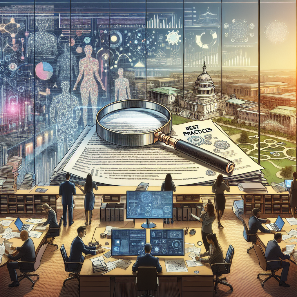Produce an image of a meticulously organized office space with a vast desk foregrounded by a spread of documents focusing on artificial intelligence research. In the center, visualize a magnifying glass amplifying a section of the paper labeled 'Best Practices'. In the background, paint a picture of Washington D.C's skyline hinting at policy-making authority. Alongside the papers, sketch a laptop displaying advanced algorithms and charts relevant to AI regulation. To show diversity of people involved in the decision-making process, depict two figures, a South Asiatic woman and a Middle-Eastern man engrossed in a thoughtful discussion over the papers.