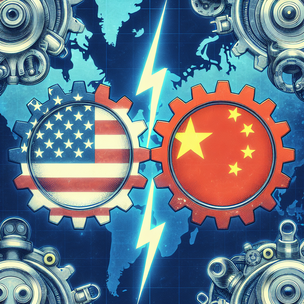 Create a conceptual image representing the debate over the banning of a popular short-form video app, without specifying the app. This should depict two interconnected gears, the larger one inscribed with the flag of the United States, and the smaller one with the flag of China. These gears symbolize the tech industries of these two nations. Include a lightning bolt between them to signify tension. Background should be a faded world map, emphasising the global implications of this issue.