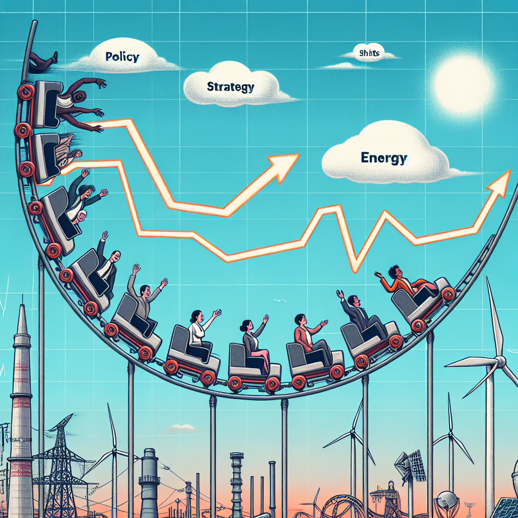 An illustration depicting the symbolic decline in gas prices. Design a rollercoaster ride with track-shaped like downward trending graph line, indicating sharp descent, signifying falling gas prices. At different points on the rollercoaster, show little carts carrying diverse passengers, including an African-American businessman, a Caucasian female energy analyst, a Hispanic male consumer, and a South Asian female engineer. In the background, create a complex web of pipelines, wind turbines, and solar panels indicating US energy infrastructure. Grace the sky with clouds shaped like words such as 'Policy', 'Strategy', 'Shifts', 'Energy' and 'Prices'.