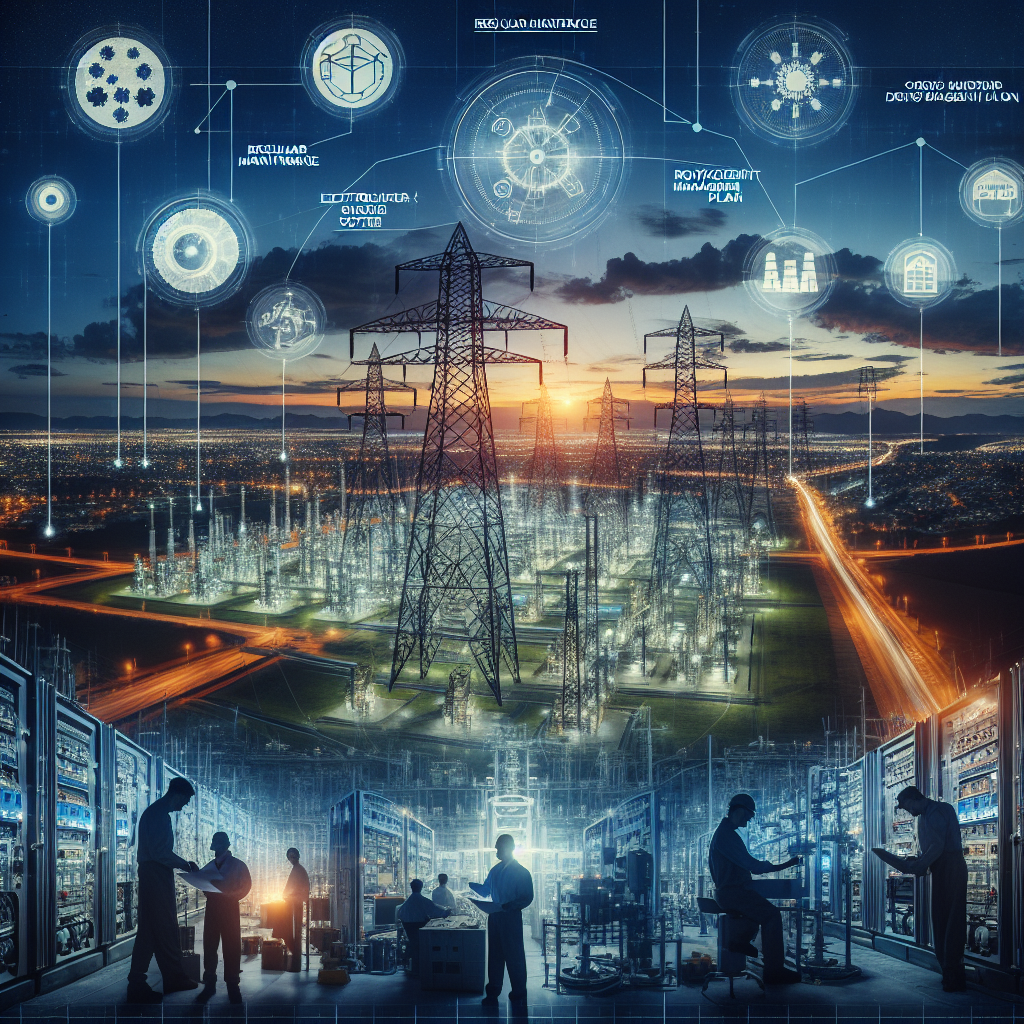 A wide, sweeping landscape showcasing the power grid system: tall, silhouetted electrical towers standing majestically against a dusk sky. Below, the bustling city illuminates the night with its bright lights. People of various professions, including a Caucasian male electrical engineer, a Middle-Eastern female utility worker, and a South-Asian male scientist, are seen working meticulously on advanced machines and blueprints. Towards the side, large power generators hum with latent energy. Text overlays around the image highlight tips for preventing a nationwide blackout such as 'Regular Maintenance,' 'Robust Infrastructure,' and 'Crisis Management Plan.'