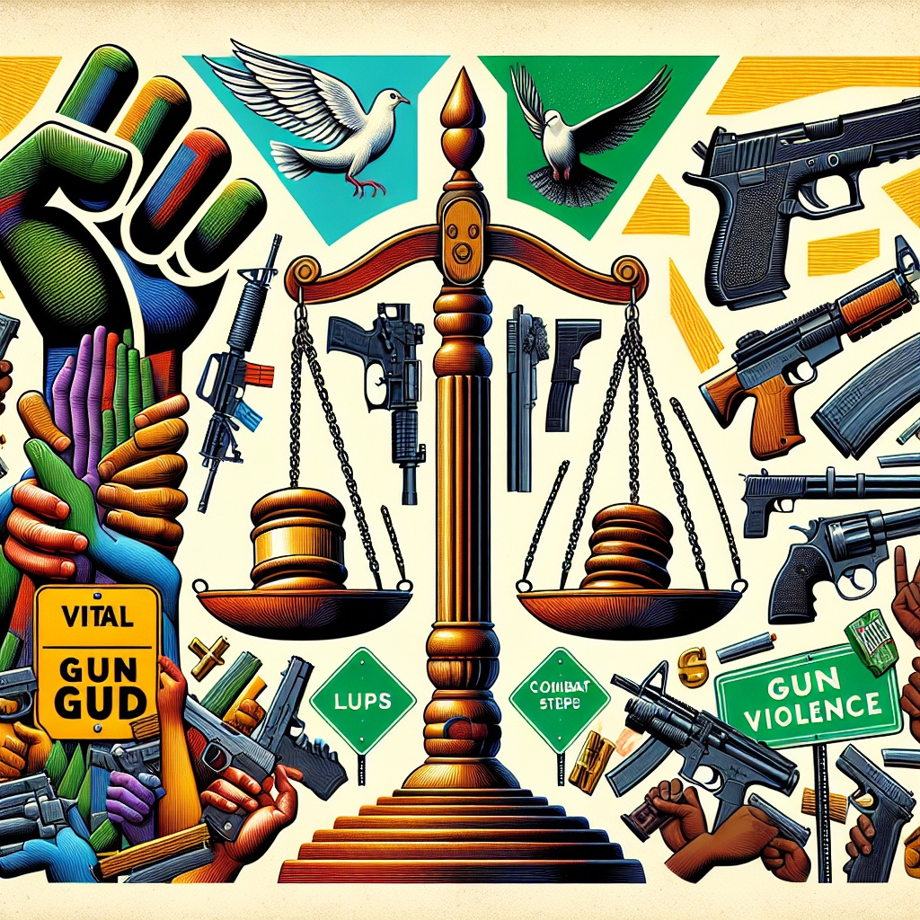 An array of symbolic images related to gun control legislation. To the left, an illustration of a cluster of hands from diverse ethnic backgrounds (Caucasian, Hispanic, Middle-Eastern, Black, and South Asian) firmly holding tightly onto a law book with a gavel resting on it, signifying justice. In the middle, a set of scales, in balance, with a firearm on one plate and a peace dove on the other, representing equilibrium. To the right, a large, vibrant sign post constructed from various firearms pointing in multiple directions, with green road signs inscribed 'Vital Steps', 'Combat Gun Violence.' No human figures are present in this part of the image.