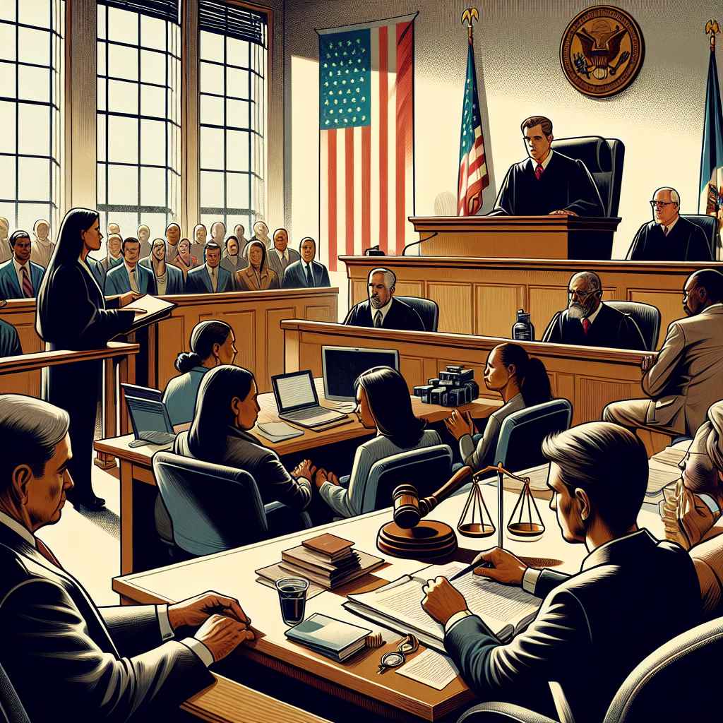 Illustrate an image portraying an intense courtroom scene during a high-profile criminal trial in the United States. The image should show various elements of a trial such as: the judge, an American flag, a witness on the stand, attorneys in dialogue, a stern-faced jury, a gavel about to strike, court documents, and the iconic scales of justice. To represent diversity, depict the judge as a Caucasian woman, the prosecuting attorney as a Hispanic male, the defending attorney as a Black woman, and the jury as a range of descent notably Caucasians, Hispanics, Blacks, Middle-Eastern, and South Asians. Create an atmosphere of gravitas and tension.