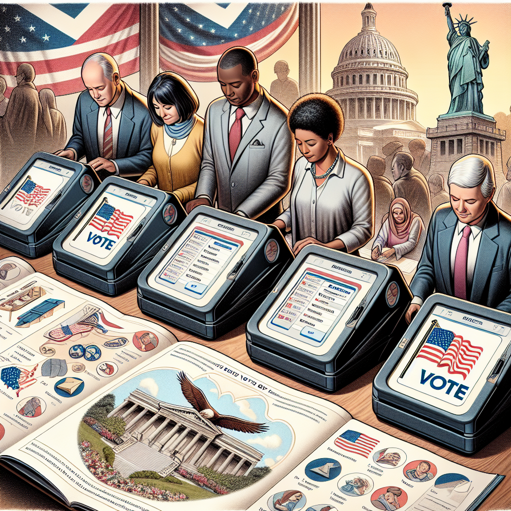 Visualize a detailed scene centered on changes to voting laws in the United States. The foreground features a diverse group of individuals of various descents: a Caucasian woman, a Hispanic man, a Black woman, and a Middle-Eastern man, all working diligently on modern touch-screen voting machines. With them, a large, informative guidebook lies open, displaying simplified illustrations symbolizing the 'before' and 'after' situations of voting procedures. Around them, symbols of American democracy, such as the flag, the bald eagle, and the Statue of Liberty, subtly blend into the background, heightening the scene's sense of national importance