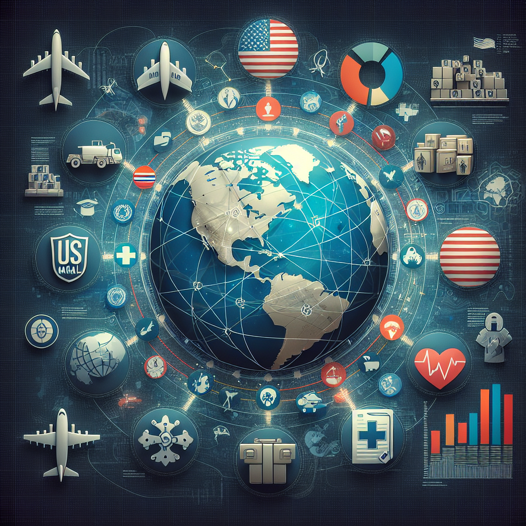 A visual representation of various components of US military aid strategies for enhanced global security. Begin with a globe in the center, displaying different continents. Surround it with icons representing military aid, such as cargo planes, supply crates, and medical vehicles. Show countries connected with different colored lines to represent foreign relationships. Also, include a bar and pie charts on one side to represent the allocation of aid and resources. The background can be an abstract design to symbolize security, perhaps a shield or a lock pattern.
