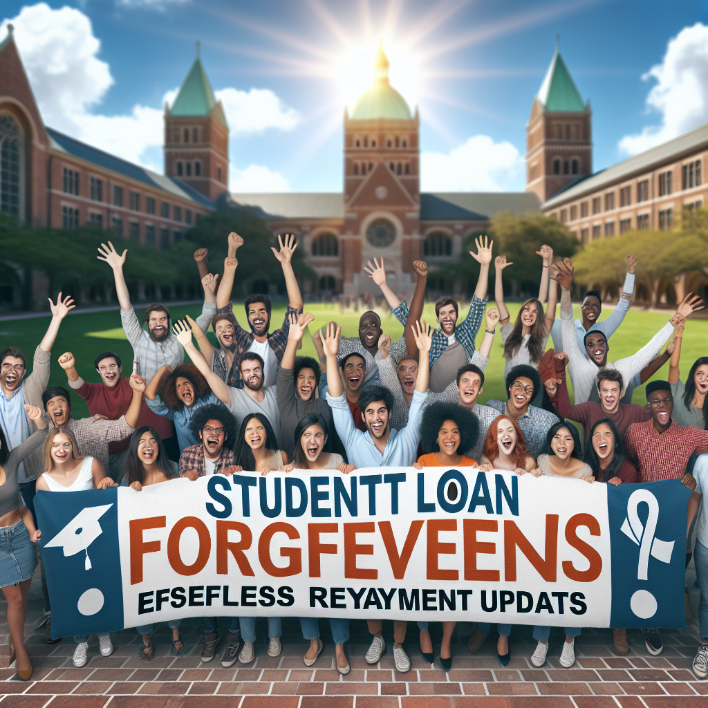 An inspiring image of a diverse group of college students from various descents such as Caucasian, Hispanic, Black, Middle-Eastern, and South Asian, cheering and holding up a big banner that reads 'Student Loan Forgiveness Programs: Effortless Repayment Updates'. The students are positioned on a beautiful campus surrounded by iconic university buildings. Their expressions reflect relief and optimism, celebrating their achievement against a backdrop of blue skies and shining sun.