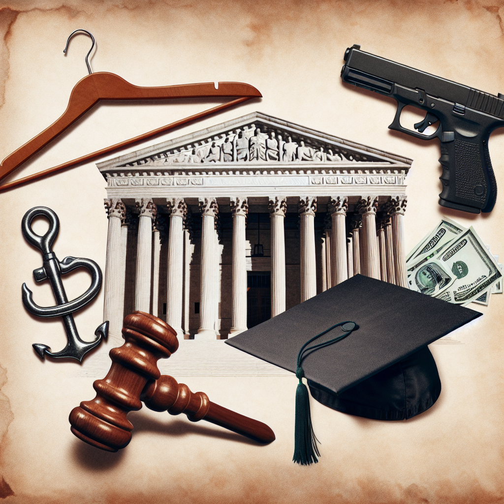 An image representing a collage of symbols from the Supreme Court building, a hanger signifying abortion laws, a handgun to signify gun laws, and a graduation cap with dollar bills around, representing student loans. The collage is set against a parchment background to evoke the age-old practice of law. The style is photo-realistic. Important note: the symbols are handled with respect and the image does not depict violence or explicit content.