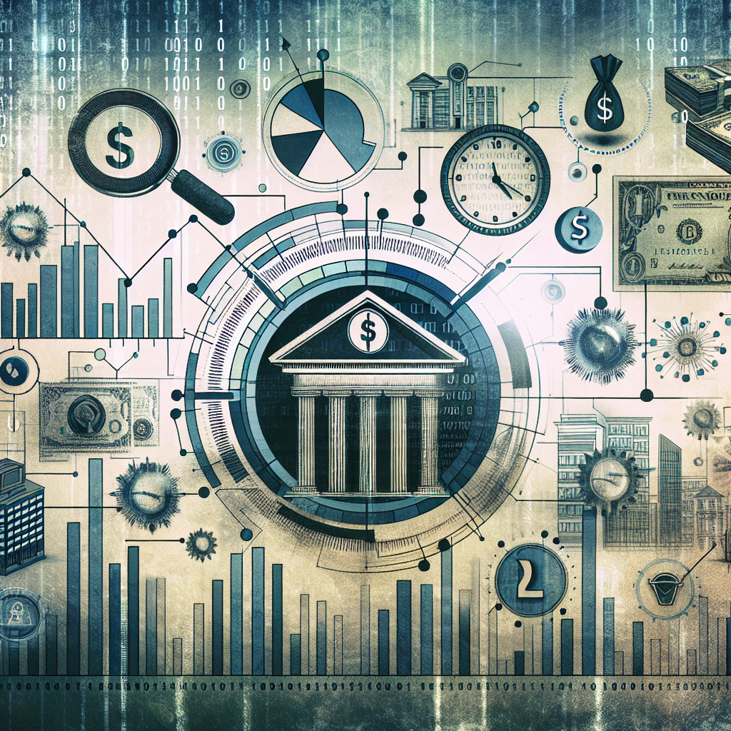 Generate an image of a complex financial graph with indicators pointing to different levels of interest rates, along with icons of a bank building, a dollar bill, and a magnifying glass focusing on tiny print. An overlay of a clock symbolizes time ticking away. The background is filled with faded binary code, symbolizing the digital nature of modern finance.