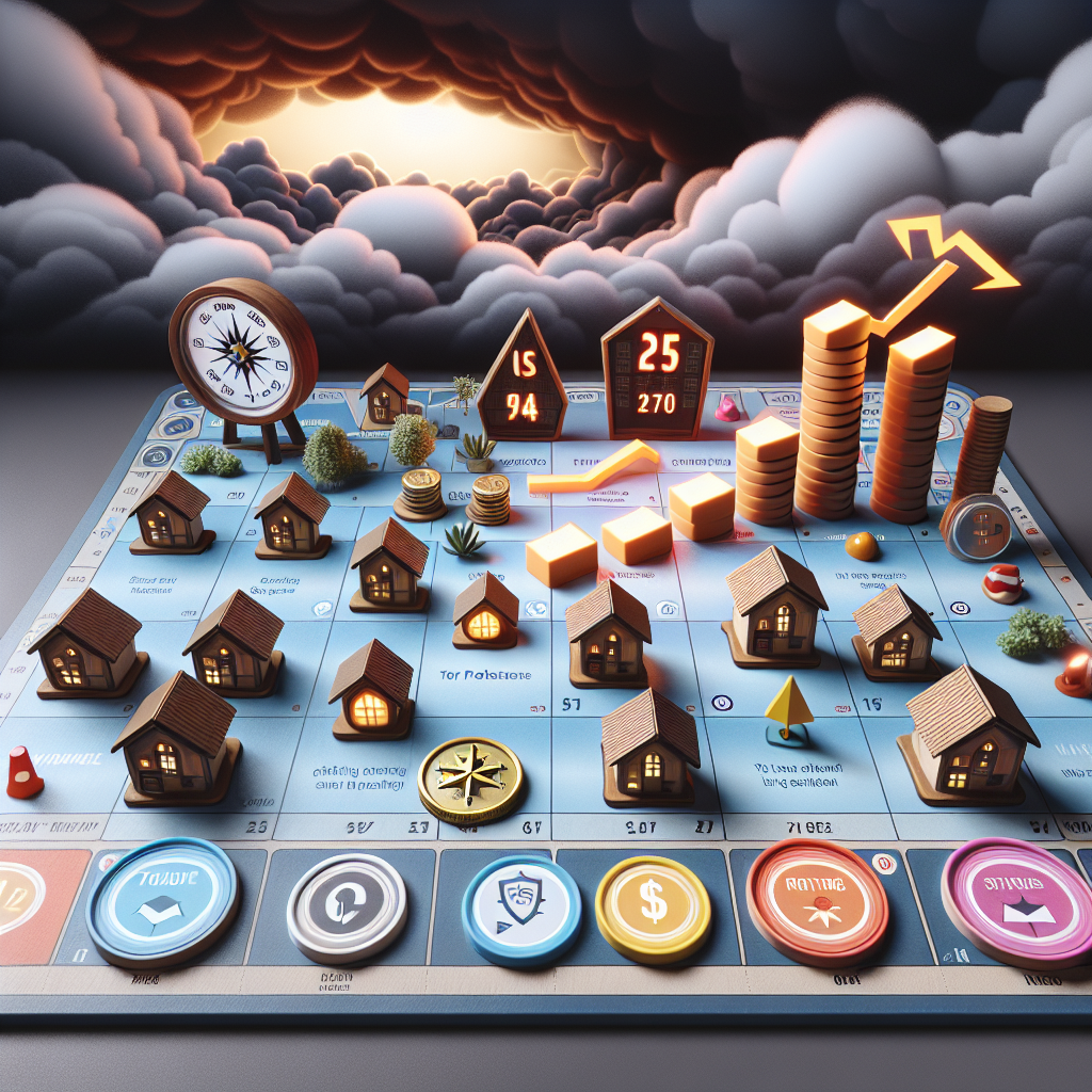 An illustrative depiction of a board game set simulating the US housing market crisis, with neatly arranged game elements like miniature houses, a ticker running numbers to represent increasing mortgage rates, and game tokens encompassing symbols of different strategies such as a steering wheel to navigate, a shield for protection, or a compass for direction. To portray the crisis further, add a stormy background setting with clouds symbolizing the crisis. Offer a contrast between the storm and a path lit by the 'strategies', indicating hope amidst the turmoil.
