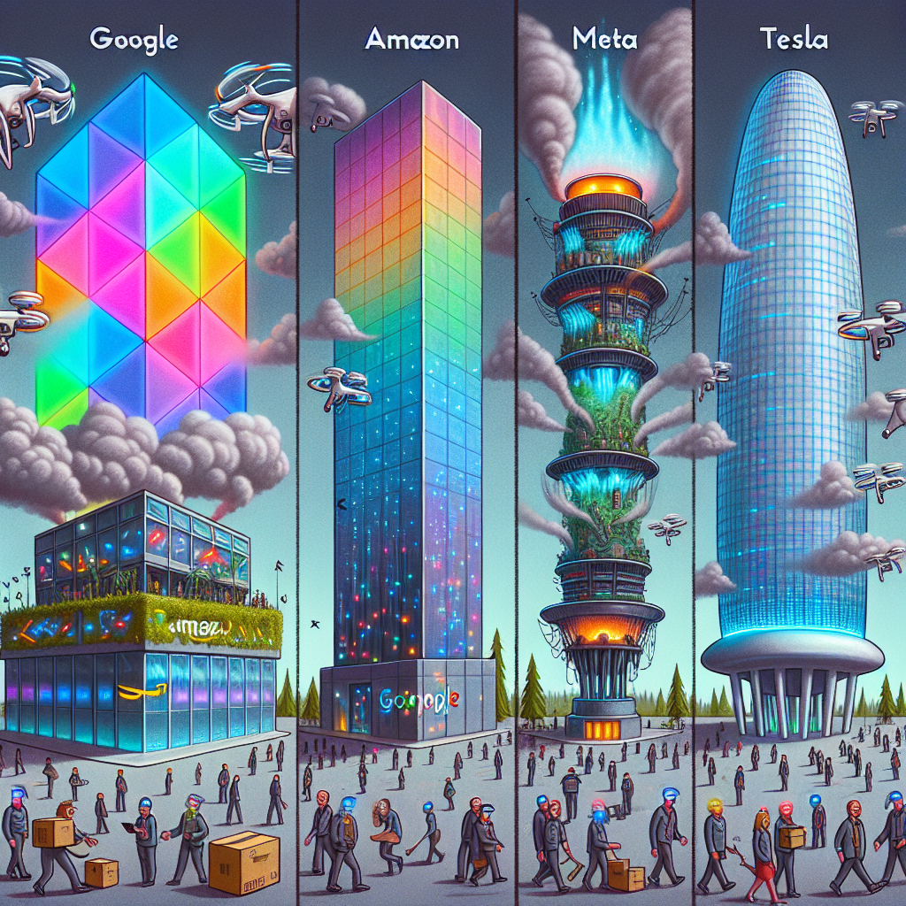 Visualize four futuristic looking buildings, each representing a tech giant. For Google, a prism-shaped building pulsating with multicolor lights, for Amazon, a skyscraper disguised as a jungle with drones flying around, for Meta, a structure resembling a giant VR headset floating on a digital sea, and for Tesla, a towering edifice powered by a visible superconductor at its core. Grey clouds gather over these buildings symbolizing turmoil, and a crowd of diverse, anonymous employees milling around outside the buildings, some carrying cardboard boxes, expressing shocked faces, indicating layoffs.
