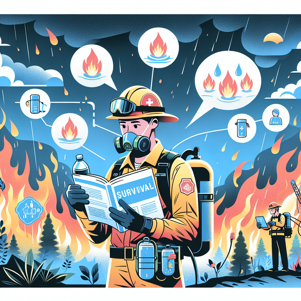 An informative and detailed illustration about survival during a wildfire. Showcase a person of Asian descent, equipped with emergency safety gear like a heat-resistant suit, gloves, and a helmet, holding a survival guide in hand. The background should be showing blazing flames while some tips from the guide should be visible in floating bubbles - including staying hydrated, avoiding dense forest areas, and maintaining communication with rescue teams. This illustration should also feature a clear, blue sky, contrasting with the surrounding inferno to symbolize hope and survival.