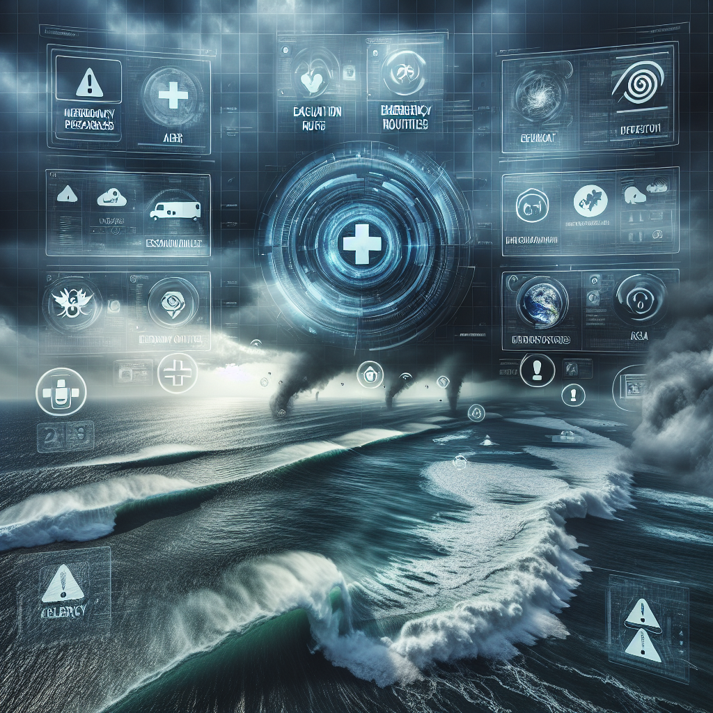 An atmospheric image capturing the onset of a hurricane, with grey storm clouds gathering over a turbulent ocean. Superimposed over this dramatic seascape is a transparent view of a digital alert system relaying messages about emergency preparedness. The system showcases various elements such as evacuation routes, emergency contact numbers and advice on what to pack for an emergency. Spread across the scene are symbols like first aid crosses and weather alert signs, showcasing the essence of the topic: FEMA's hurricane season alerts and the importance of emergency preparedness updates.