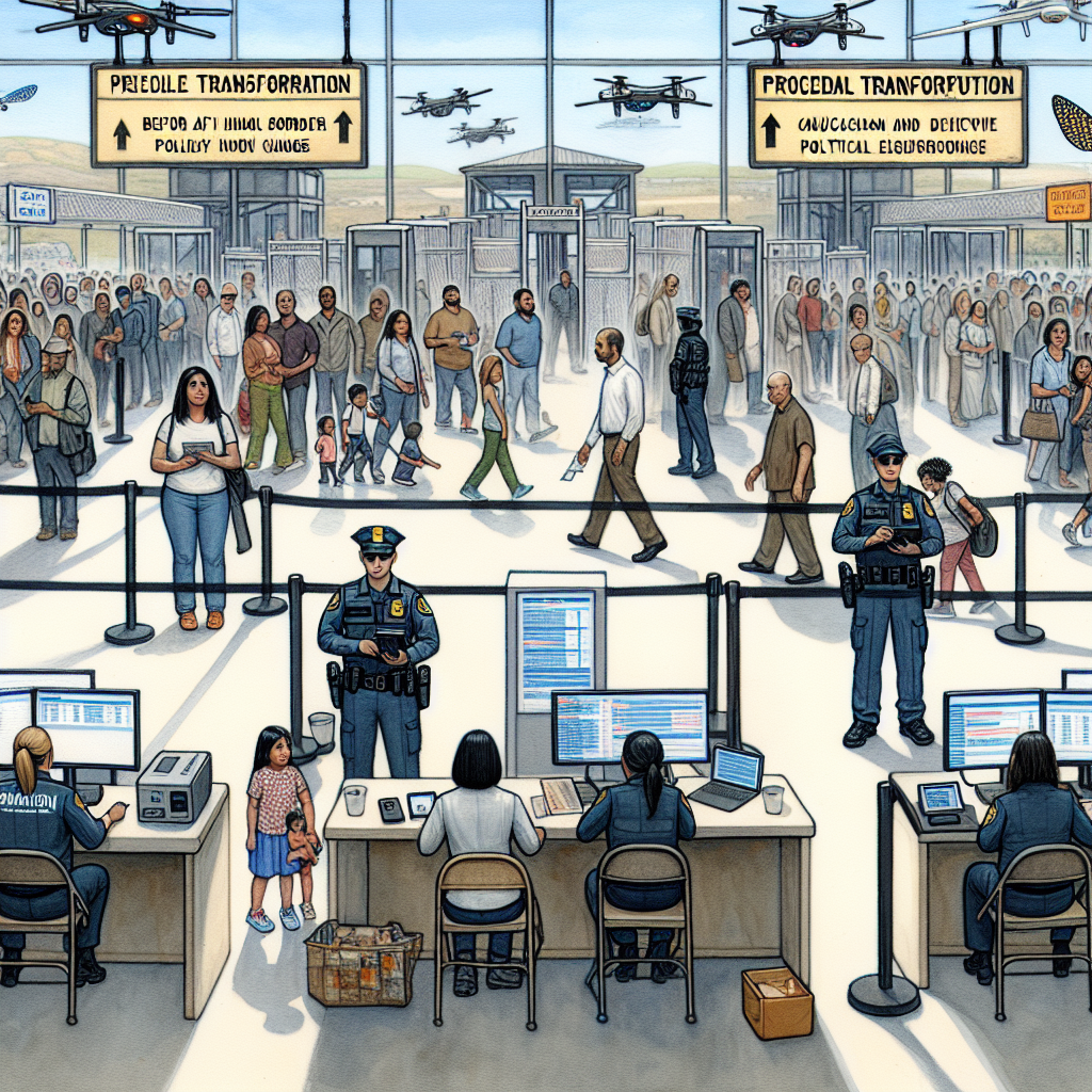 Illustrate procedural transformation at an imaginary border checkpoint. Display a detailed scene of before and after US immigration policy changes. Visualize the efficient and effective transformation in border security with advanced technology like biometric scanners and drones. Immigration officers could be of different genders and descents like Caucasian, Hispanic, Black, South Asian, and Middle-Eastern. Also, show families of different descents waiting patiently and complying with the new rules. Include signs with updated guidelines written on it. Aim to reflect both aspects of human experience and technology-driven change. Keep it non-controversial and politically neutral.