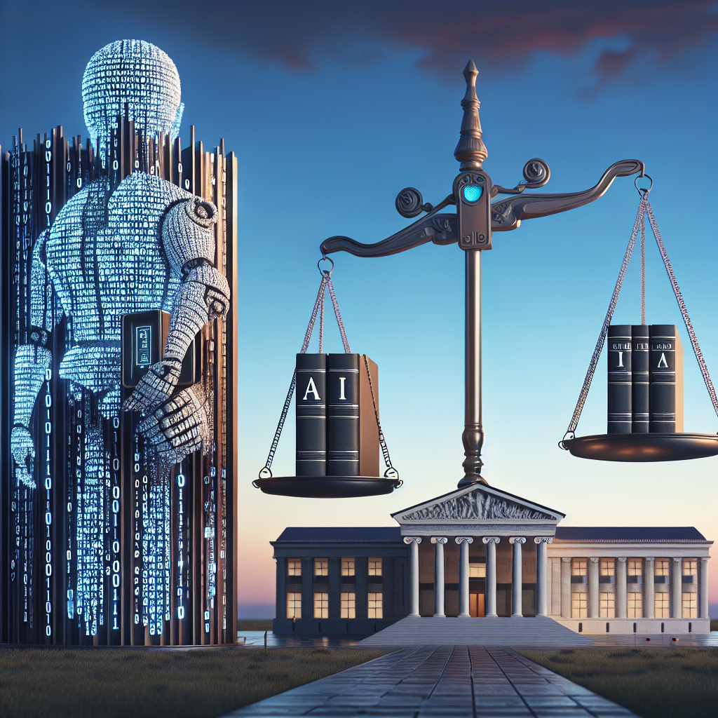 Imagine a concept representing the regulation of Artificial Intelligence. A towering structure made of binary code, representing the complex digital space. Beside it, a large set of scales signify the balance between innovation and regulation. The scales bear physical symbols for AI: a robot hand on one side, and a book inscribed with laws on the other. To represent government involvement, a generic governmental building stands in the background, without specific iconography linked to any real-world institutions. The scene is set under a serene twilight sky, indicating the dawn of this new technology era.